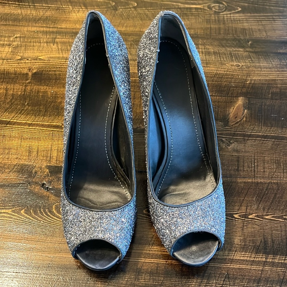 Nine West Silver Sparkle Peep Toe Stilettos